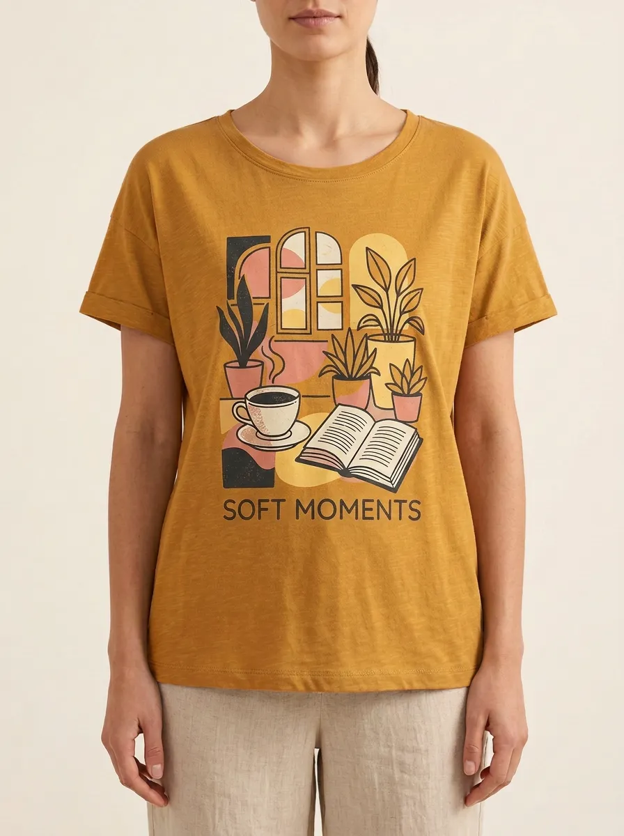 Women's Coffee Book Plant Soft Moments Print T-Shirt