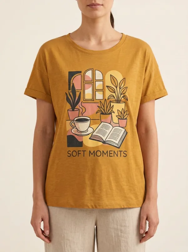 Women's Coffee Book Plant Soft Moments Print T-Shirt