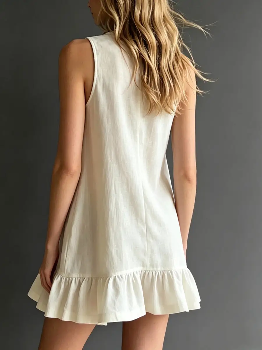 A Line Relaxed Buttoned Pleated Solid Color Round Neck Mini Dress