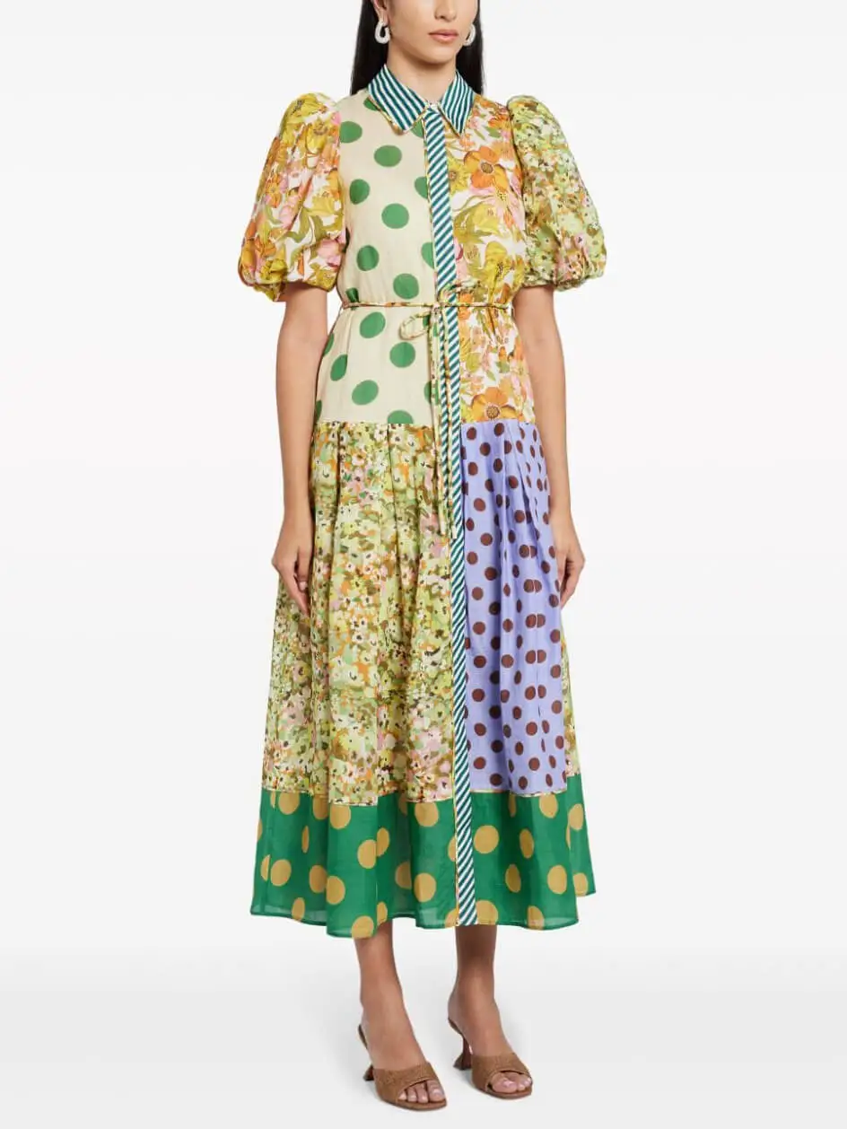 Retro Floral Print Puff Sleeve Midi Dress