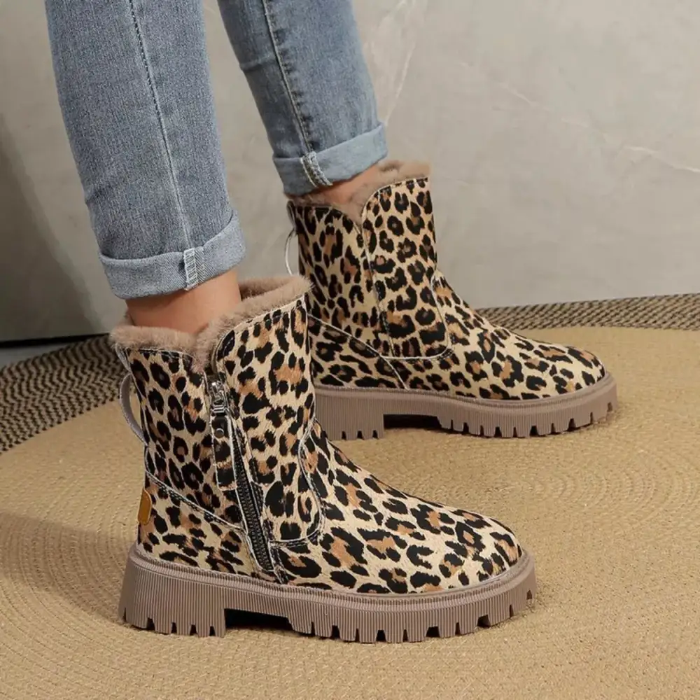 Leopard Print Fur Lined Ankle Boots