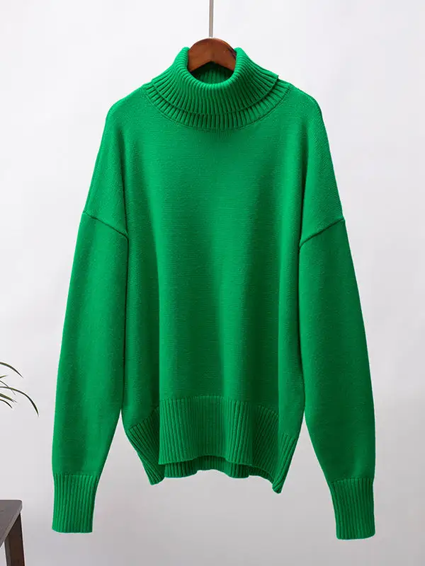 High Low Paneled High Neck Long Sleeve Sweater