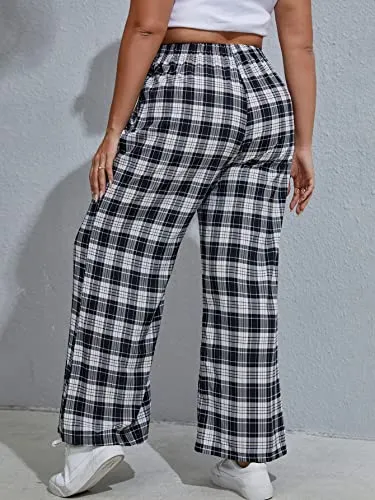 Women's Plus Size Casual Plaid Elastic High Waist Wide Leg Pants