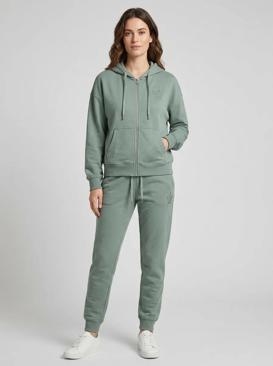 Women's Sage Green Cuffed Joggers Kangaroo Pocket Zip-Up Hoodie Jacket & Jogger Set