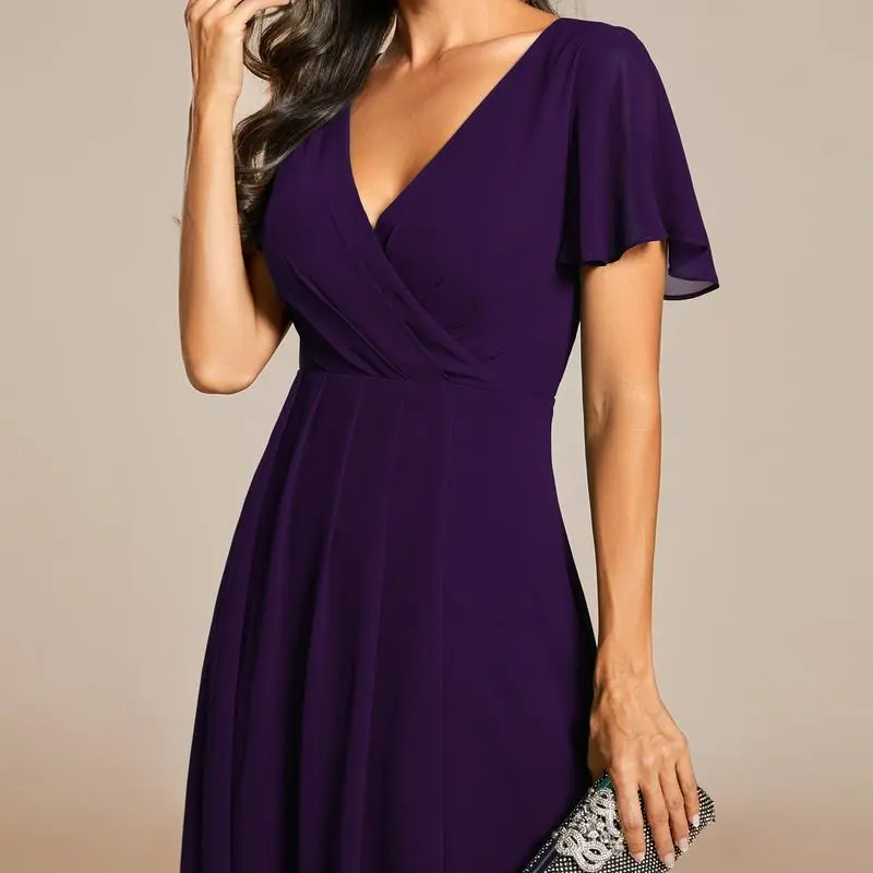 6PACK-Ruffles Sleeve Pleated V-Neck A-Line Midi Chiffon Wedding Guest Dress