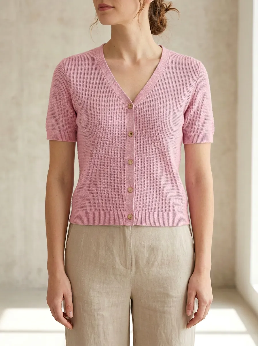 Women's Short-Sleeve Button-Down Waffle Knit T-Shirt