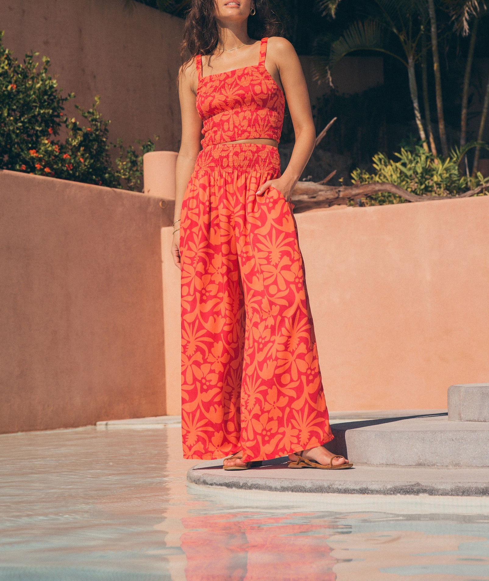Coral Floral Print Palazzo Trousers