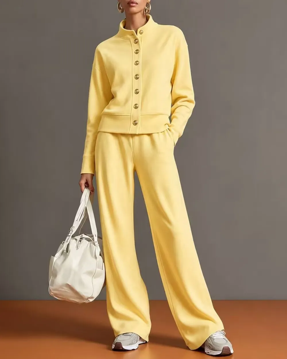 Button Cardigan and Wide-Leg Sweatpants Set