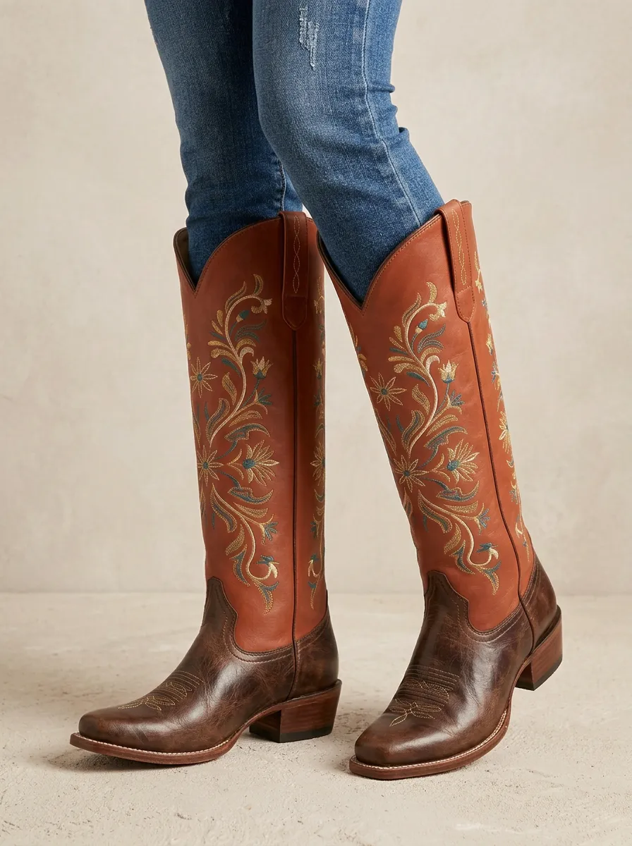 Women's Western Floral Embroidered Almond-Toe Block-Heel Stacked-Heel Denim Over-the-Knee Boots