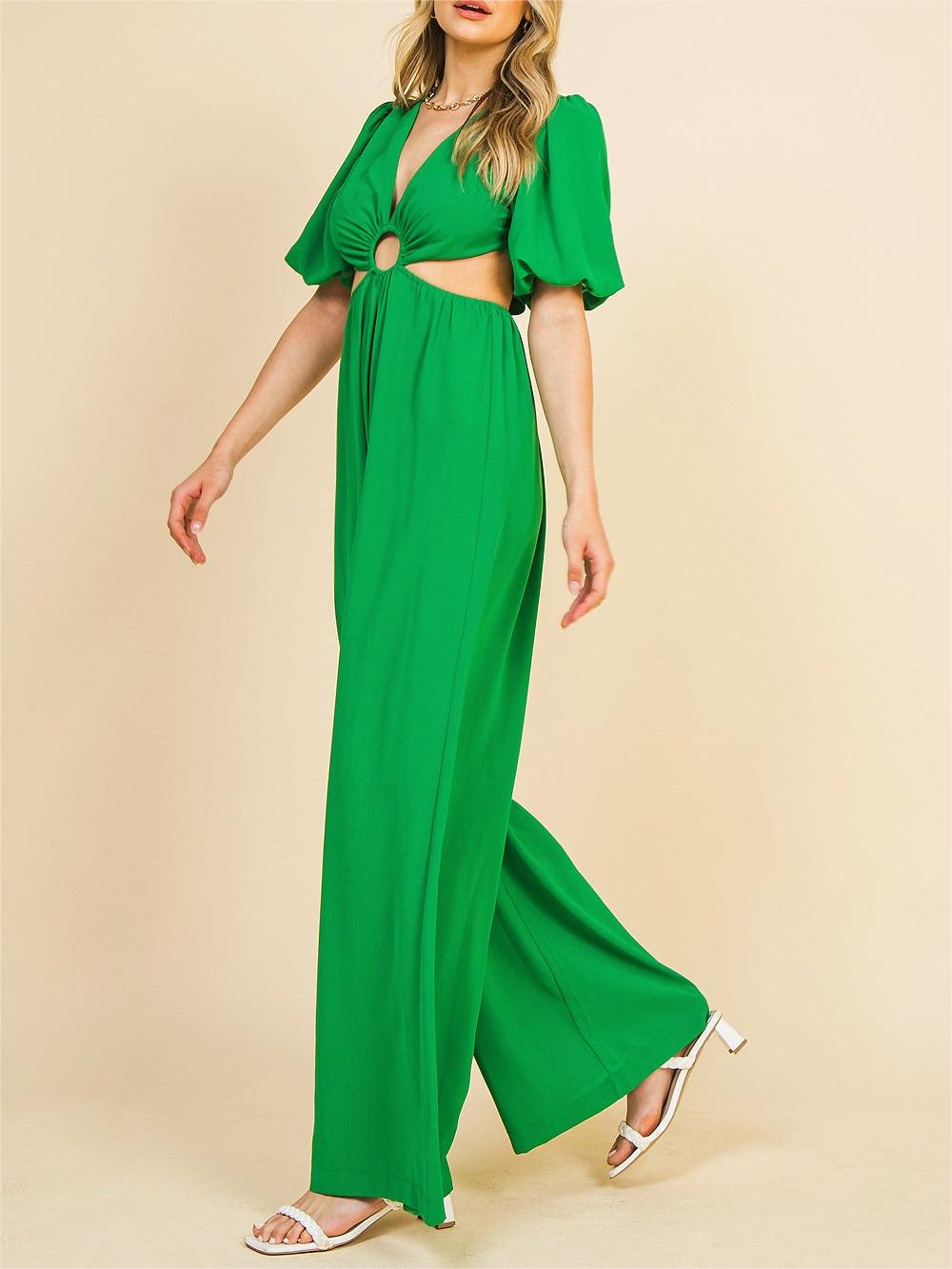 Emerald Green Cut - Out Puff - Sleeve Jumpsuit