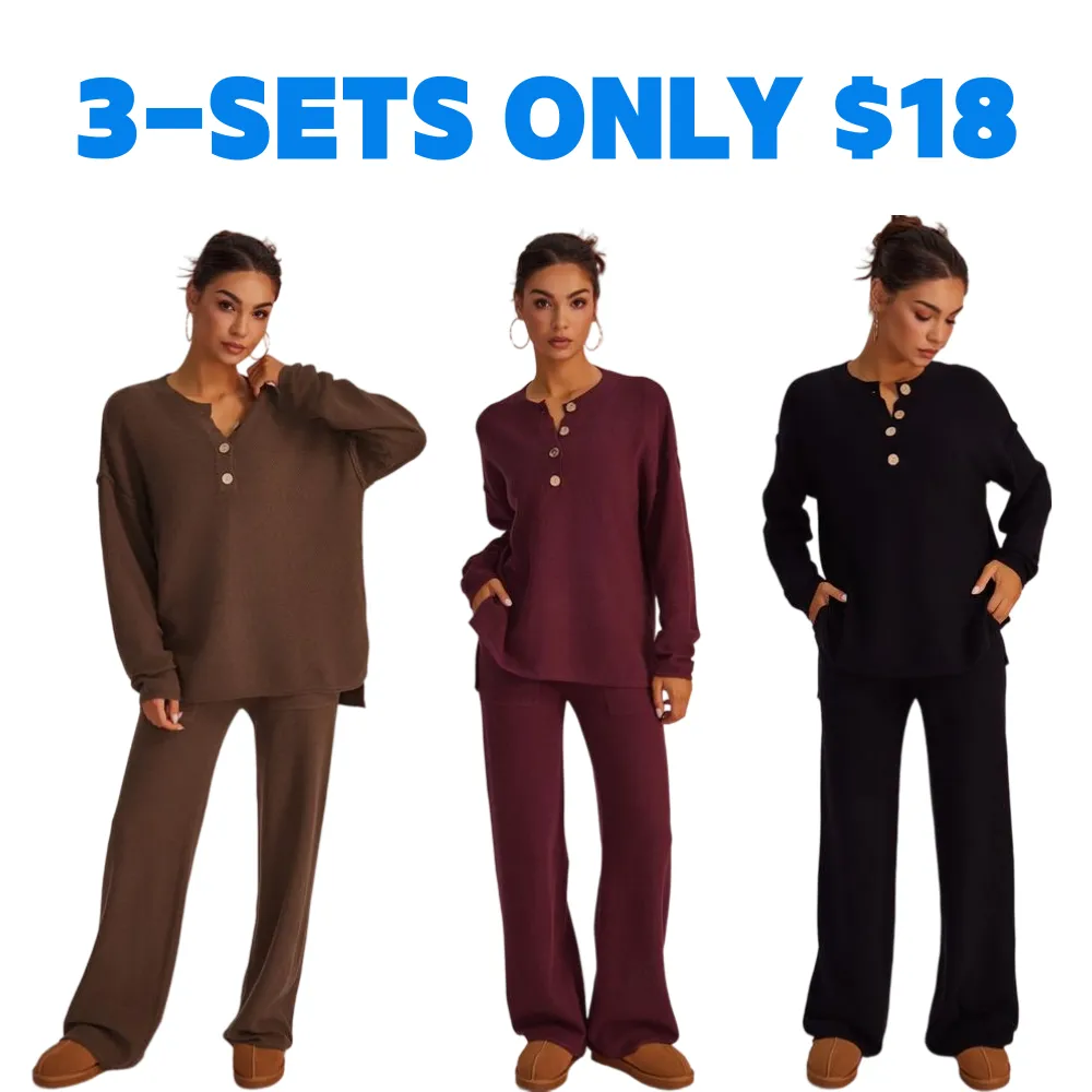Women's Waffle Knit Loungewear Set Cozy Button Front Top & Wide Leg Pants