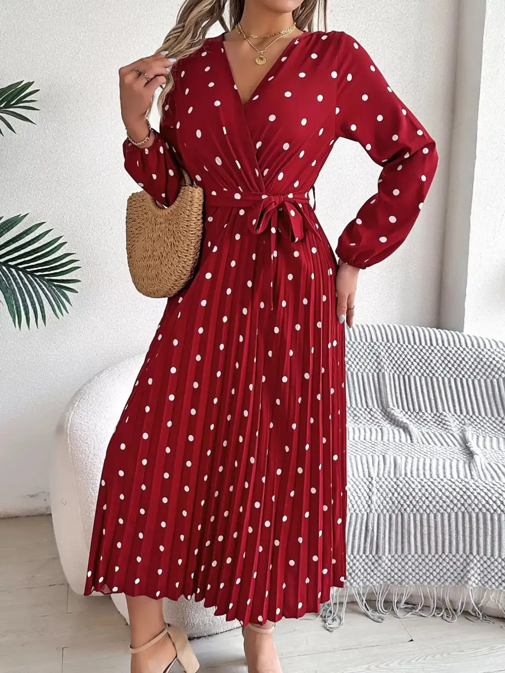 Polka Dot Pleated Midi Dress