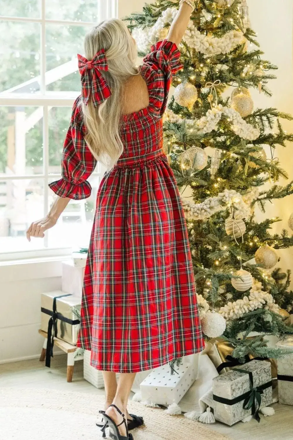 Plaid Smocked Midi Dress