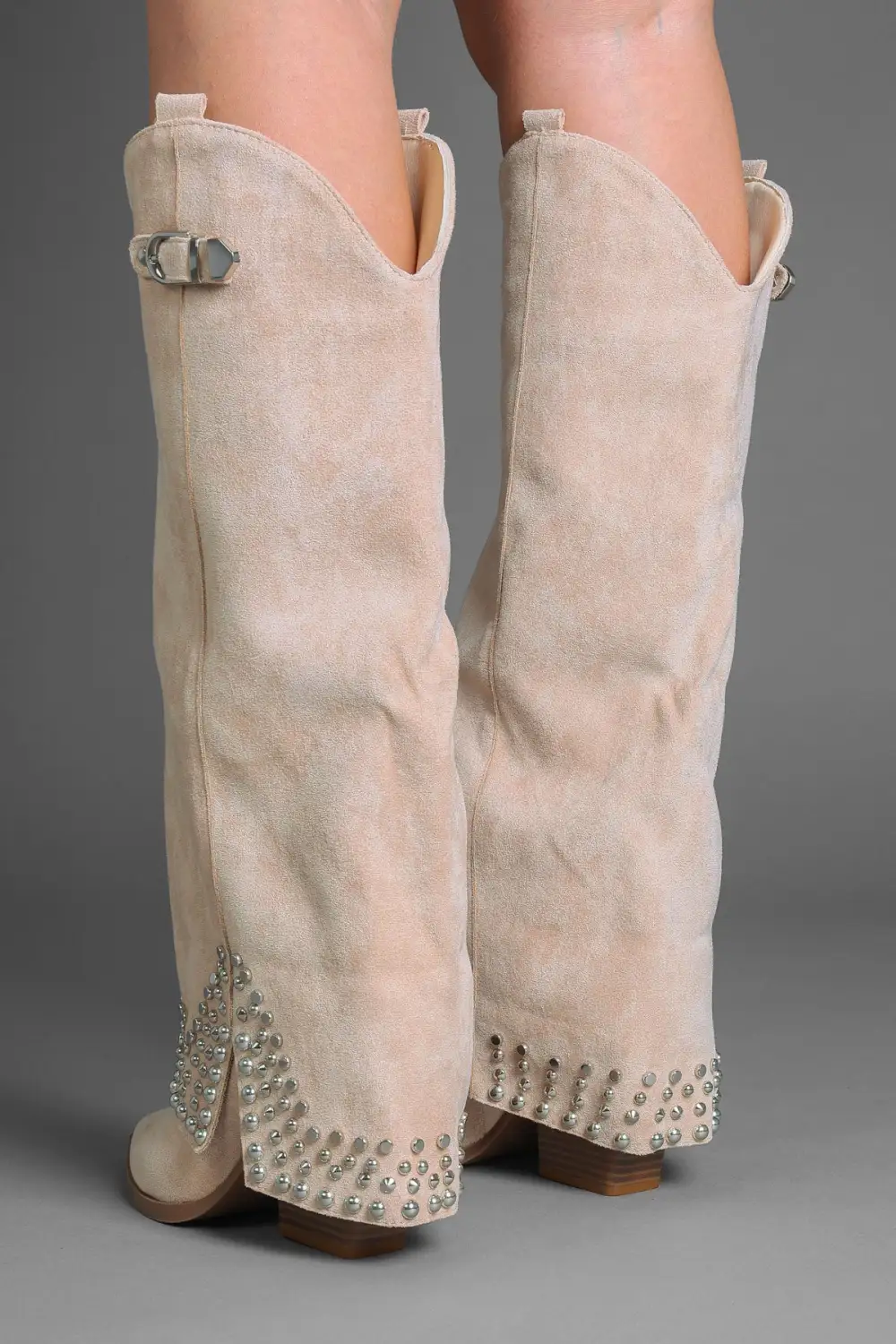 Classic Western Slouch Fold-Over Studded Knee High Boots