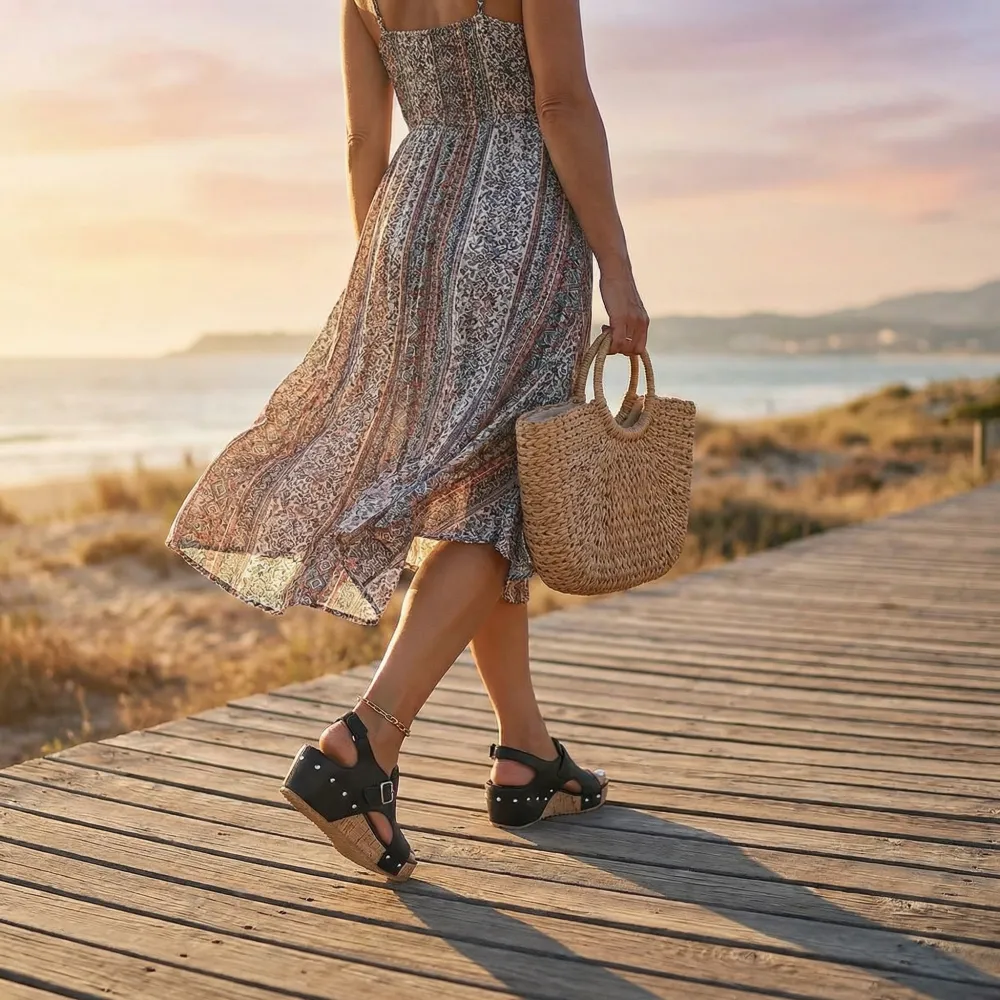 Retro Cork Wedge Sandals with Rivet Detail