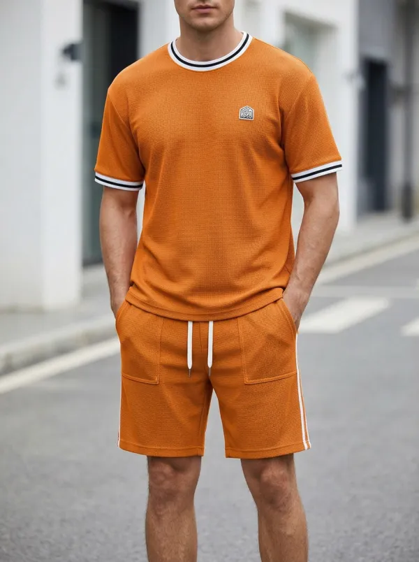 Modern Waffle Texture Geometric Pattern Design Men's T-Shirt And Shorts Set