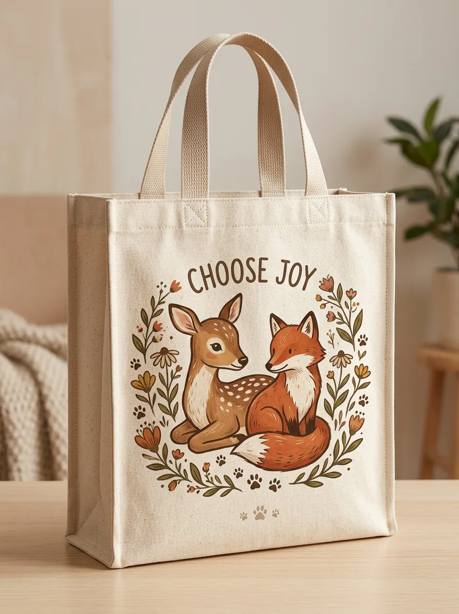Nature Lover Deer Fox Choose Joy Printed Tote Bag