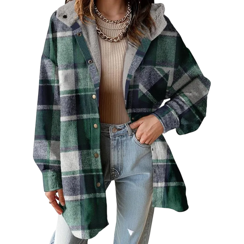 Women's Flannel Hooded Plaid 2025 Shacket Thick Coat
