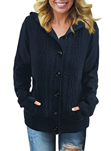 Women Hooded Knit Cardigans Button Cable Sweater Coat