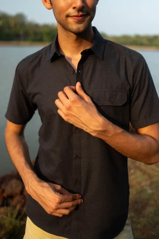Black Melange Short Sleeve Cotton Shirt