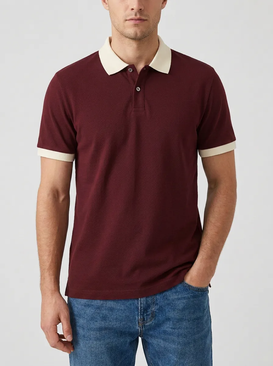 Men's Classic Ribbed Textured Contrast-Collar Contrast-Trim Polo Shirt