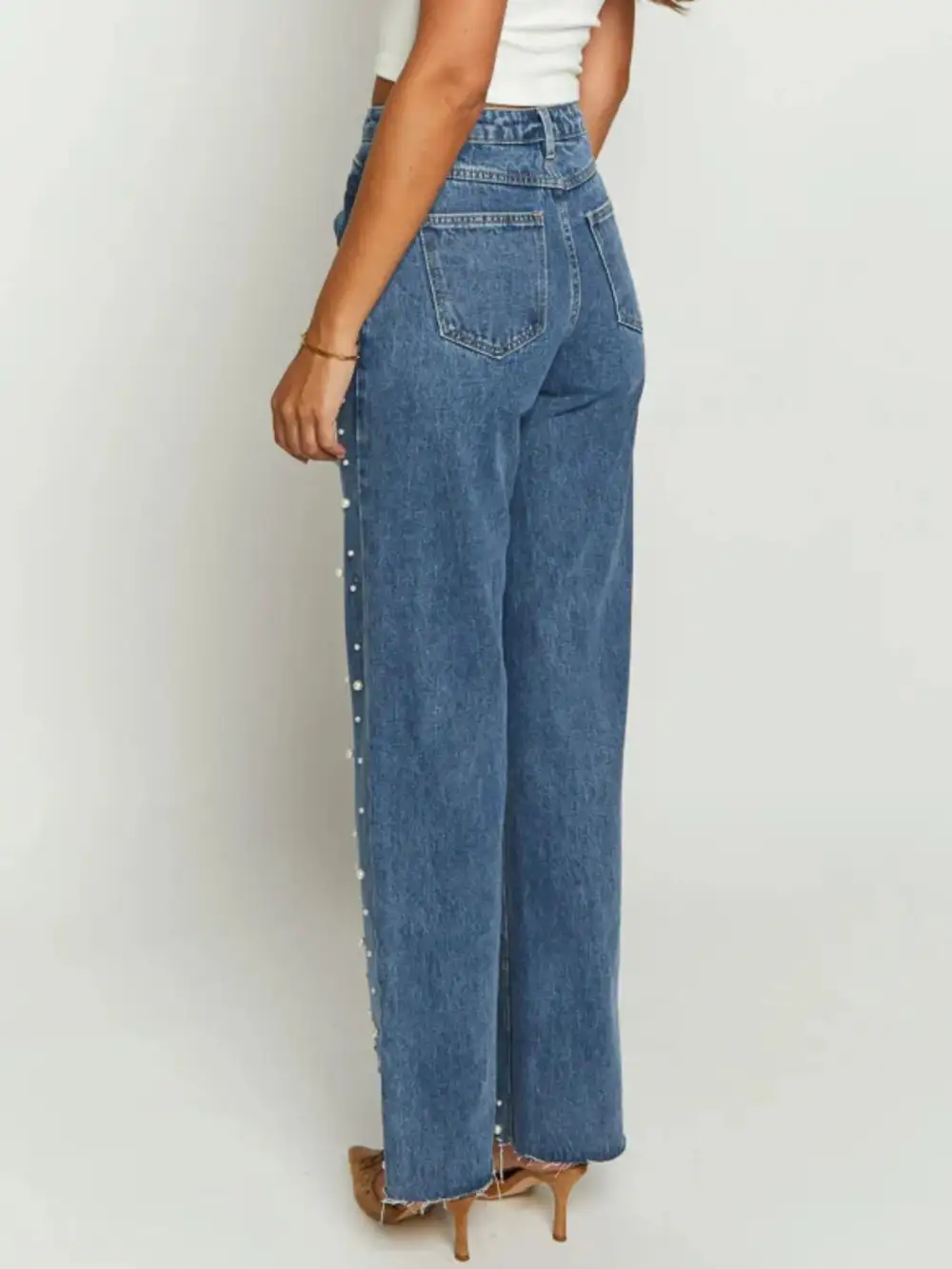 Pearl Embellished High Waist Straight Leg Denim Jeans