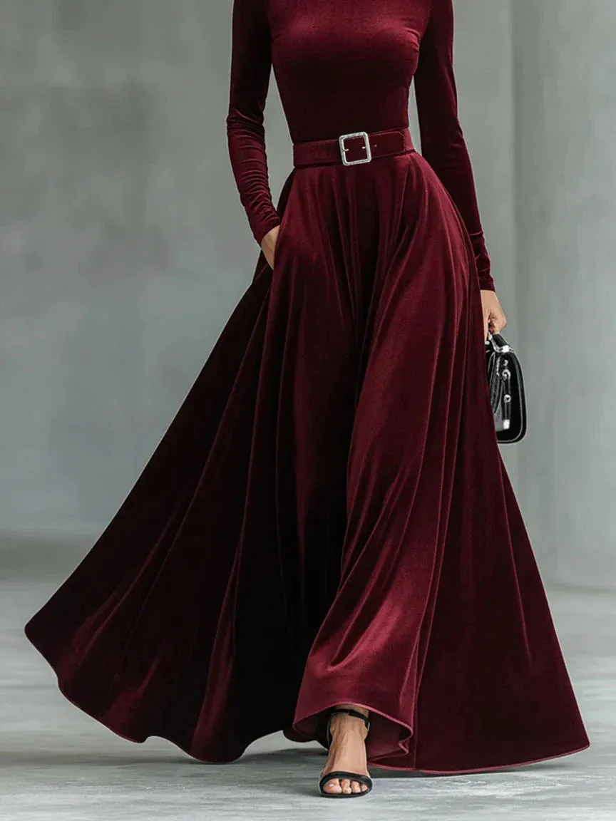 High Neck Velvet Sleeved Maxi Dress