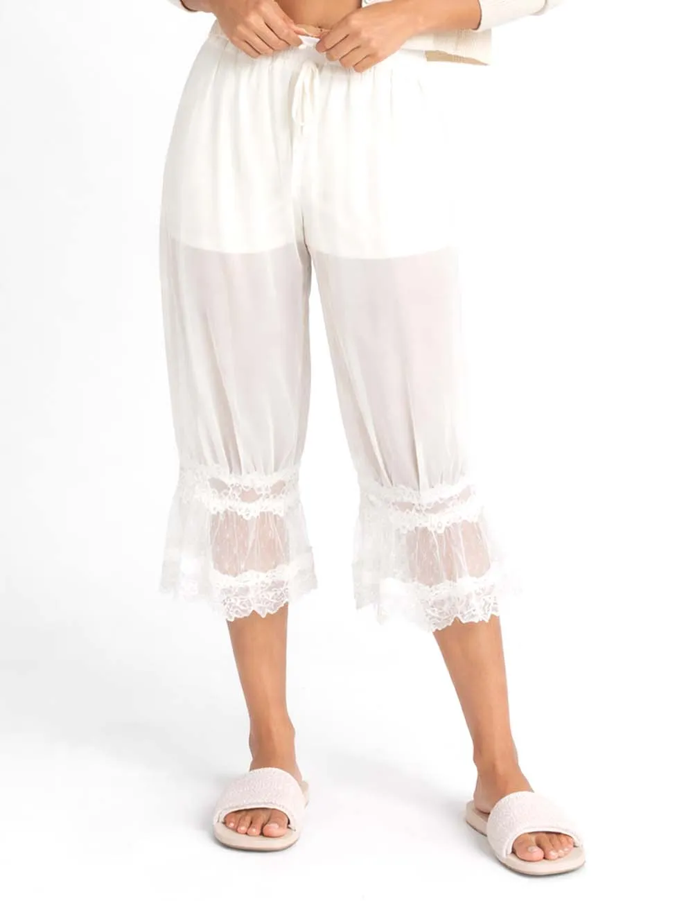 Sheer Lace Trim Bloomer Drawstring Waist Capri Pants