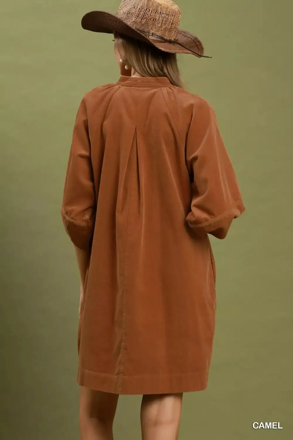 Relaxed Corduroy V-Neck Puff Sleeve Shift Dress With Pockets