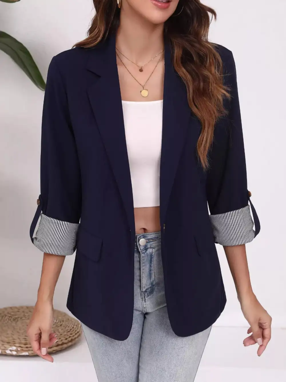 Lapel Collar Roll Up Sleeve Blazer