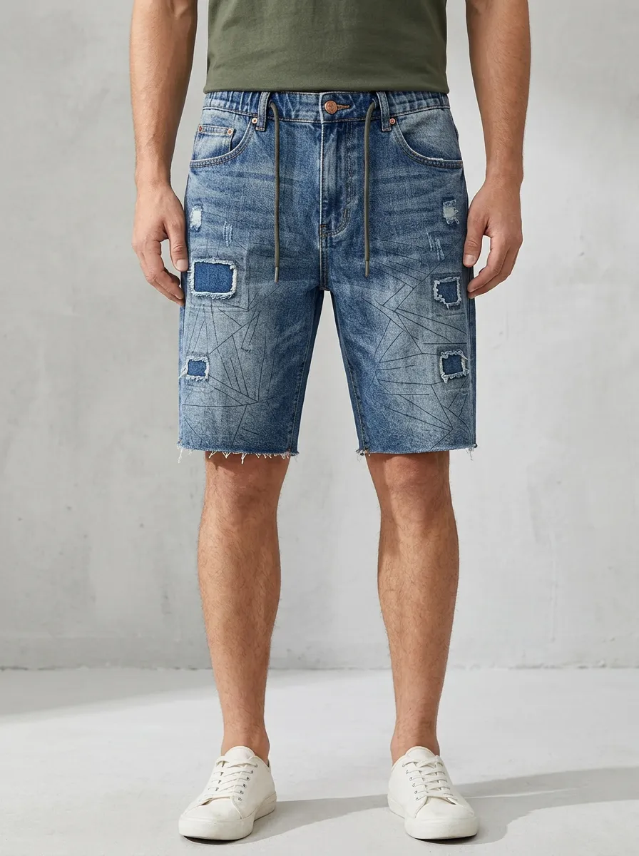 Storage-Ready Distressed Raw Hem Classic Look Men's Distressed Raw Hem Denim Shorts