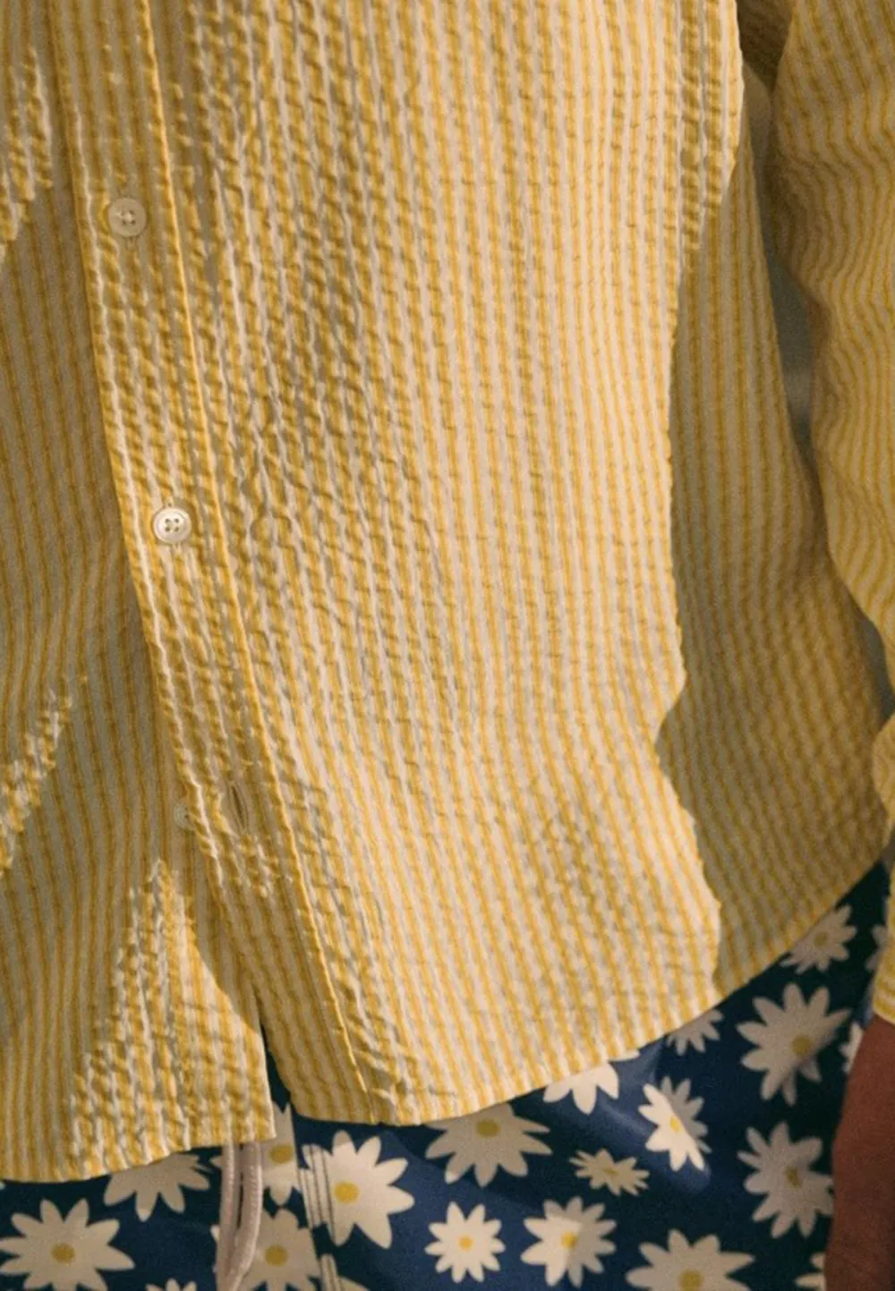 Yellow White Stripe Seersucker Button-Down Camp Shirt