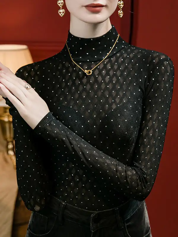 Long Sleeve Curve Fit Rhine Stones Sheer Panel Detail Mock Neck T-Shirt