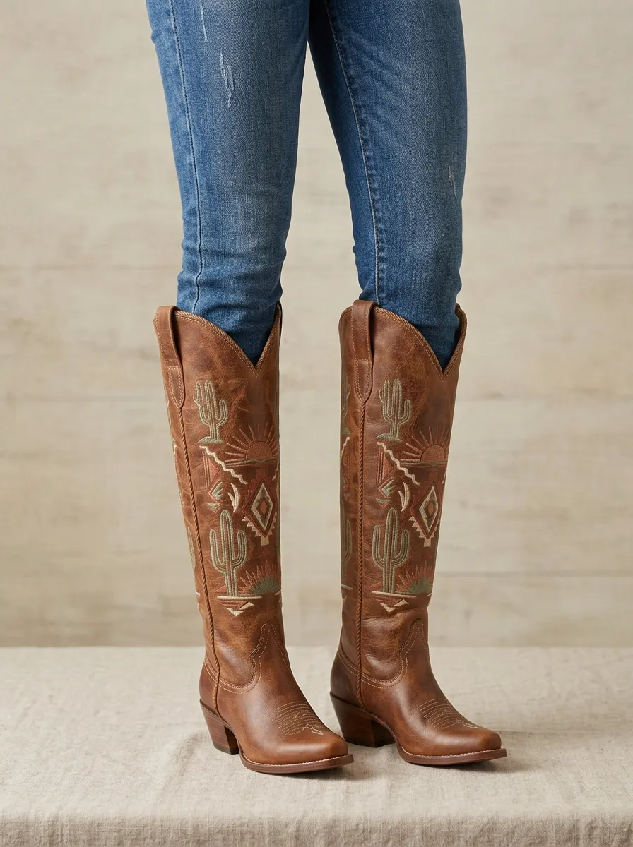 Women's Western Cactus Sun Embroidered Piped Pointed-Toe Block-Heel Denim Over-the-Knee Boots