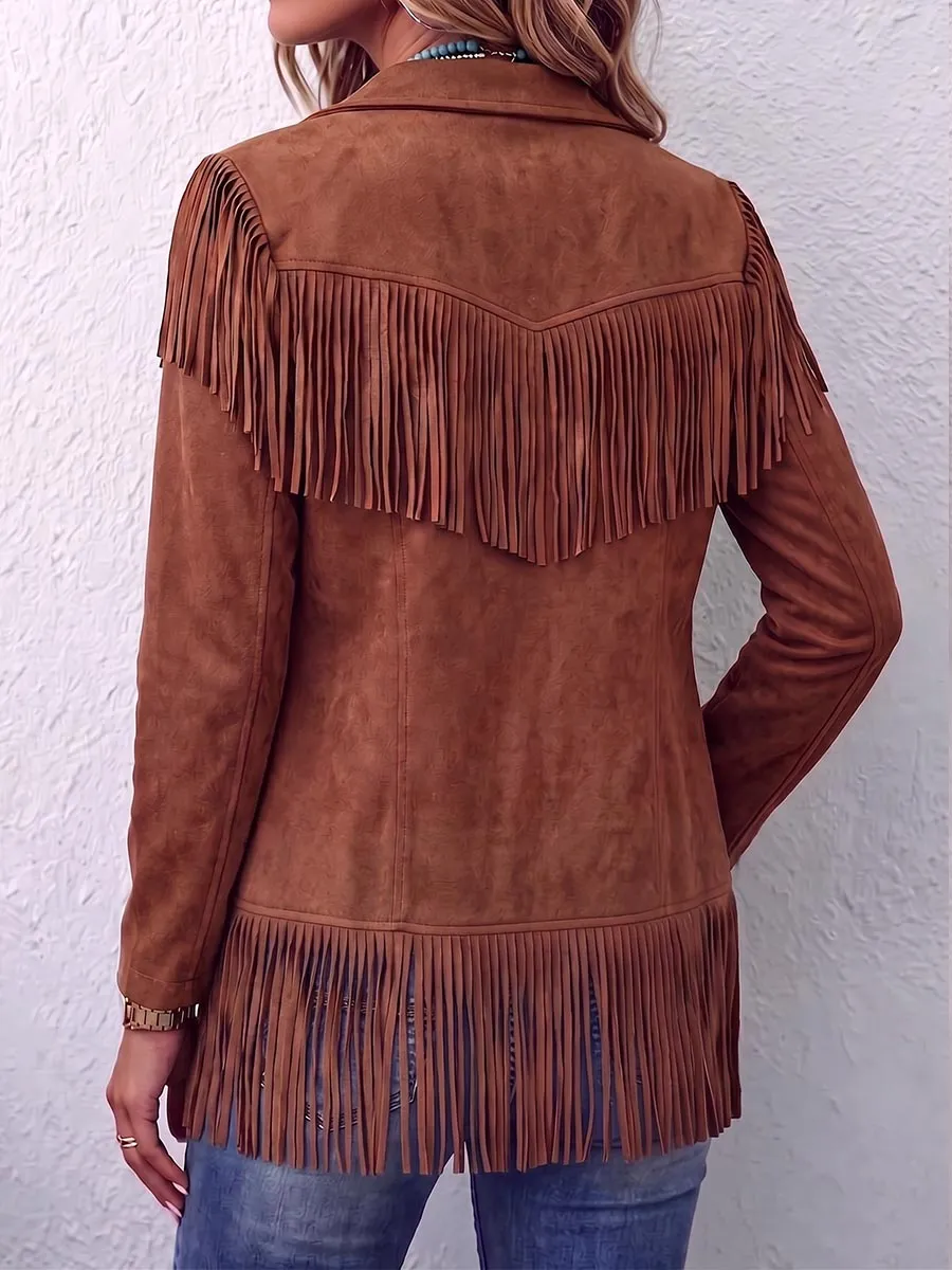 Refined Women S Solid Color Lapel Long-sleeved Casual Loose Tassel Jacket