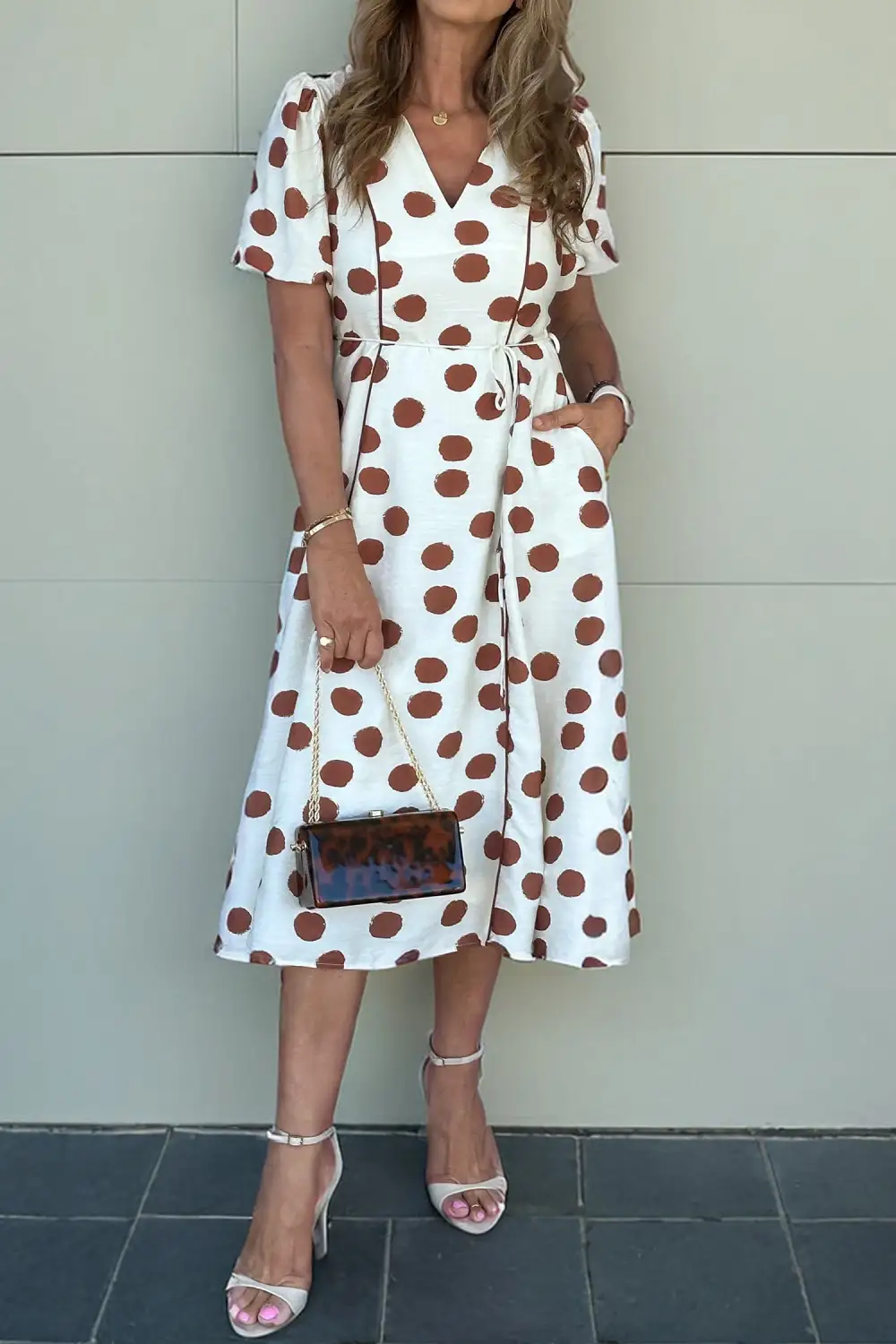 Polka Dot Printed V Neck Midi Dress