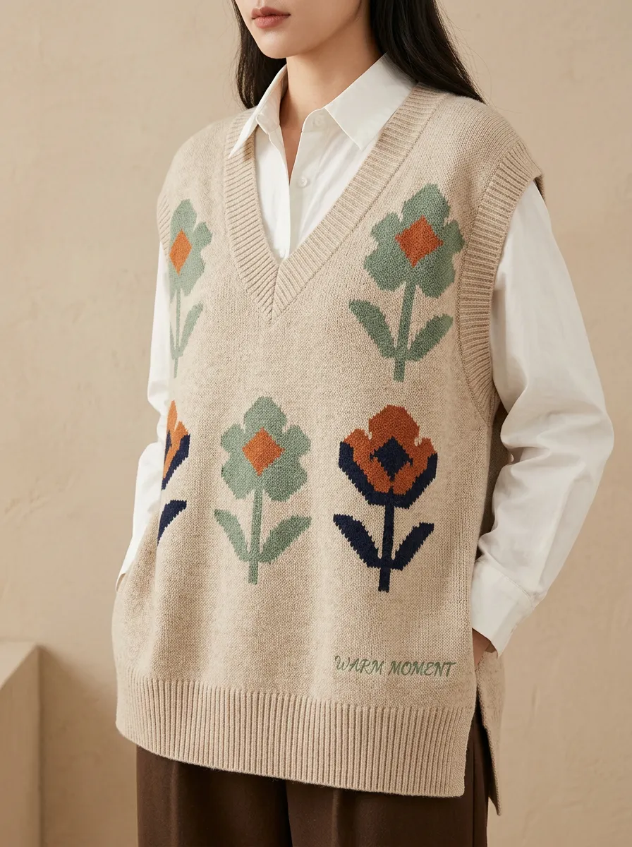 Floral Vneck Button Sweater Vest