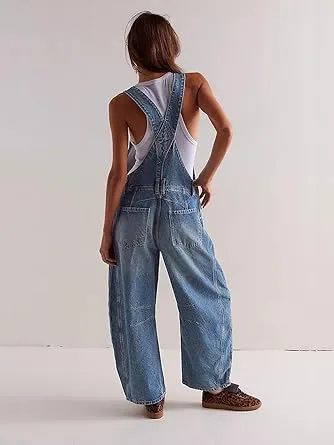 Women's Denim-Effect Print Plicated Wide Leg Overalls Jumpsuit, Minimalist Chic Fashion Casual Pocket Square Neck Overalls Jumpsuit for Daily Outdoor Wear, Ladies Clothes for All Seasons
