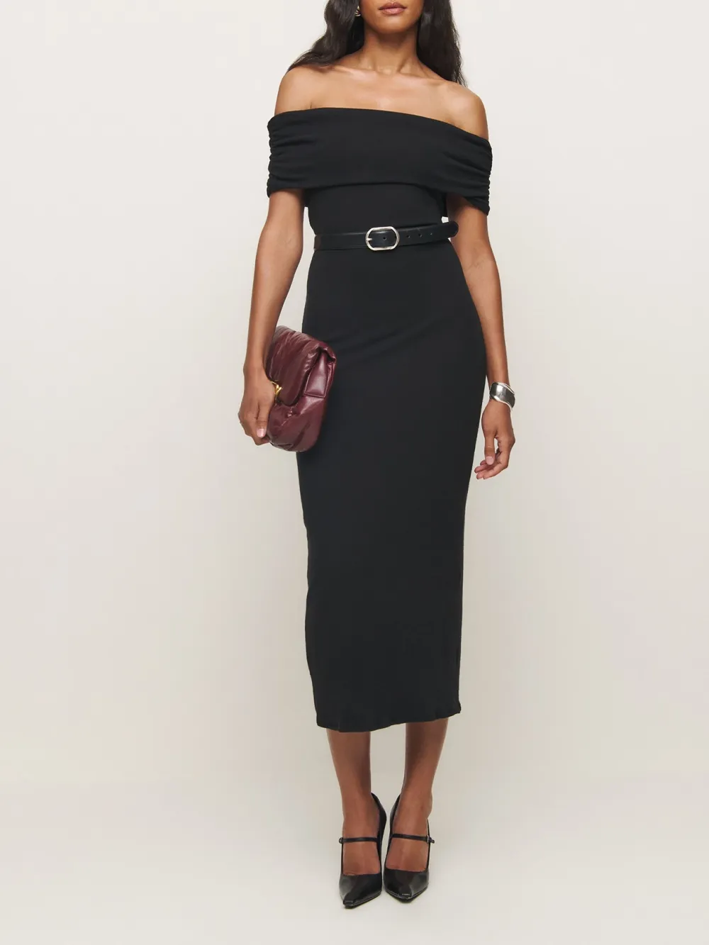 Off Shoulder Belted Midi Dress