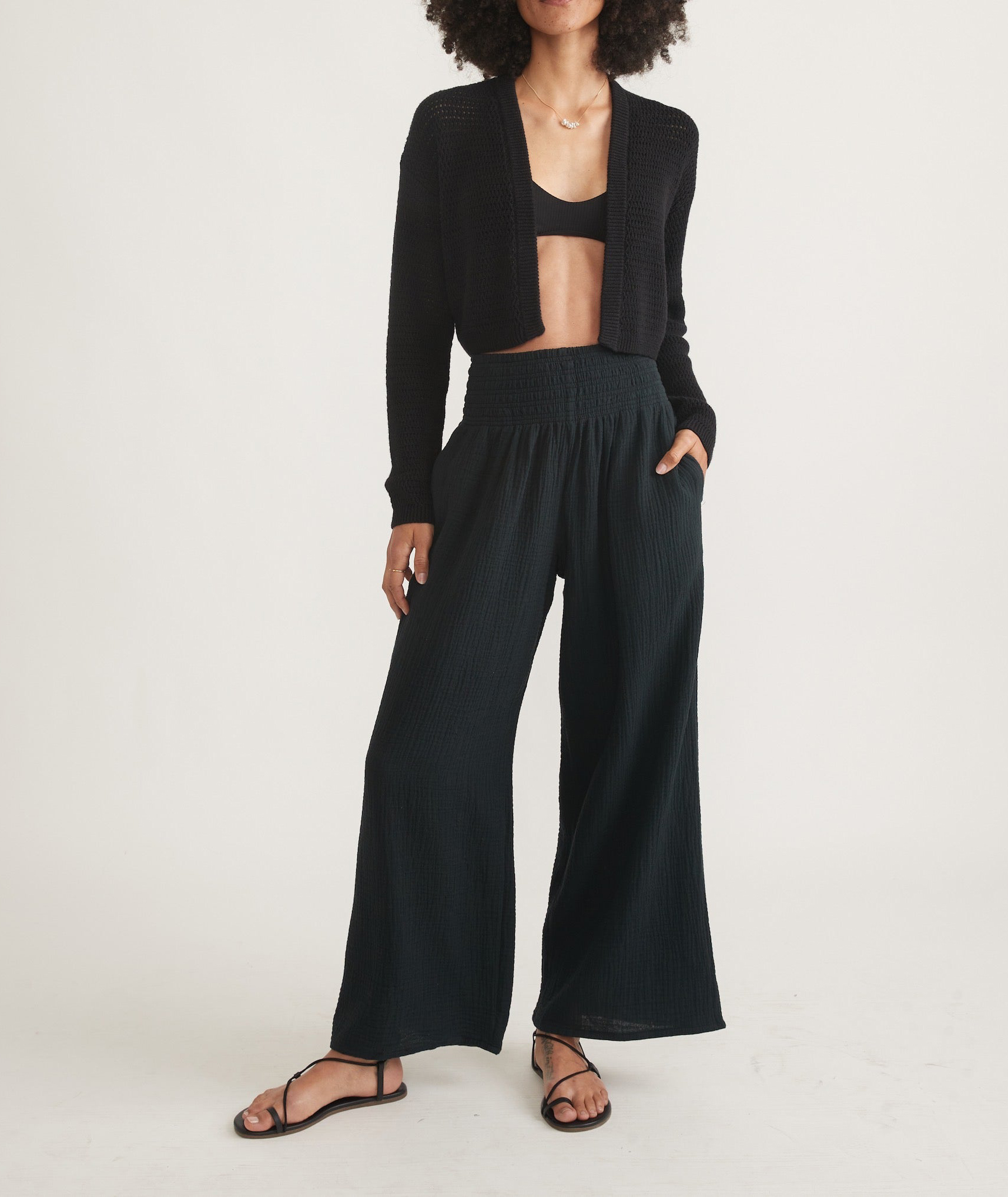 Black Elastic-Waist Palazzo Pants