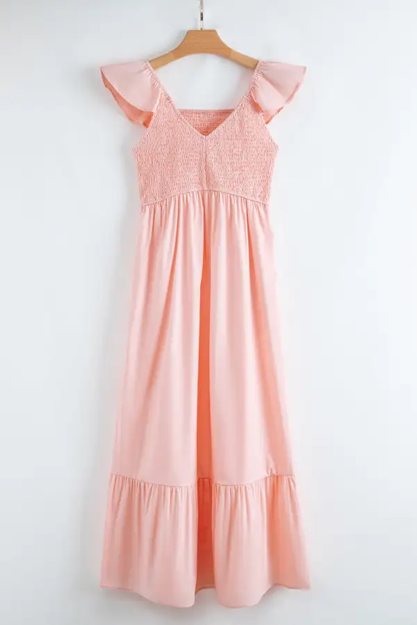 V Neck Flutter Sleeve Smocked Bodice High Waist Ruffle