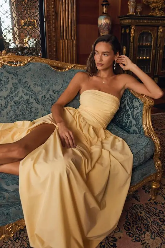 Marilou Light Yellow Strapless Ruched Lace-Up Maxi Dress