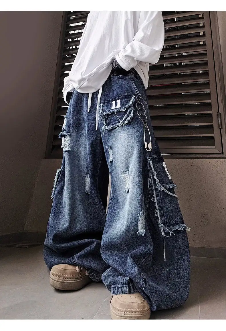 Wide-Leg Distressed Cargo-Pocket Patchwork Jeans