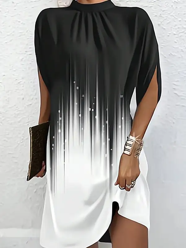 Batwing Sleeve Relaxed Gradient Printed Round Neck Mini Dress