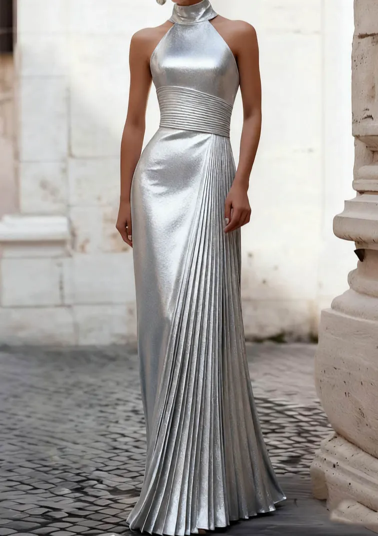 Metallic Halter Neck Pleated Maxi Dress