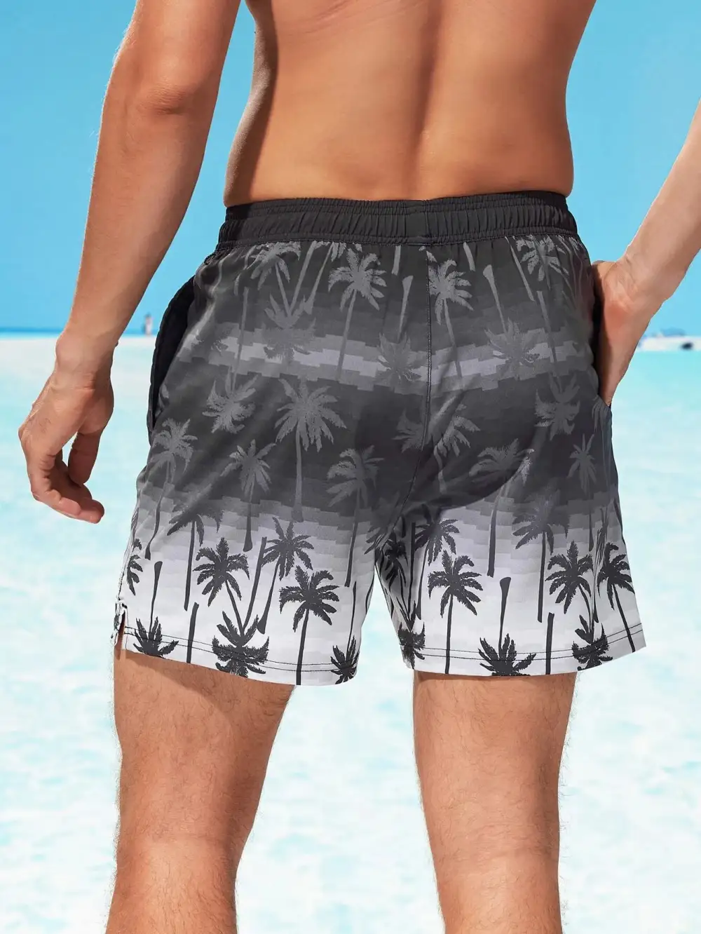 Men's Drawstring Coconut Tree Print Pocket Swim Trunks