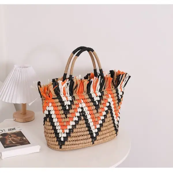 Colorblock Frayed Edge Vintage Straw Bag Handwoven