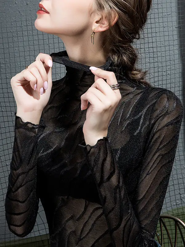 Long Sleeve Curve Fit Sheer High Neck T-Shirt