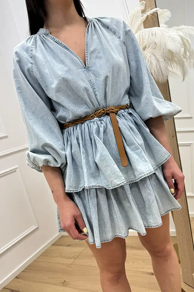 Puff‑Sleeve Tiered Denim Belted Dress