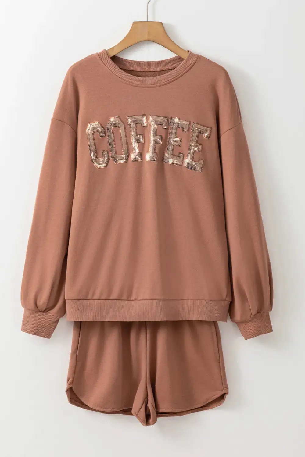 Coffee Sequin Round Neck Long Sleeve Top And Shorts Set